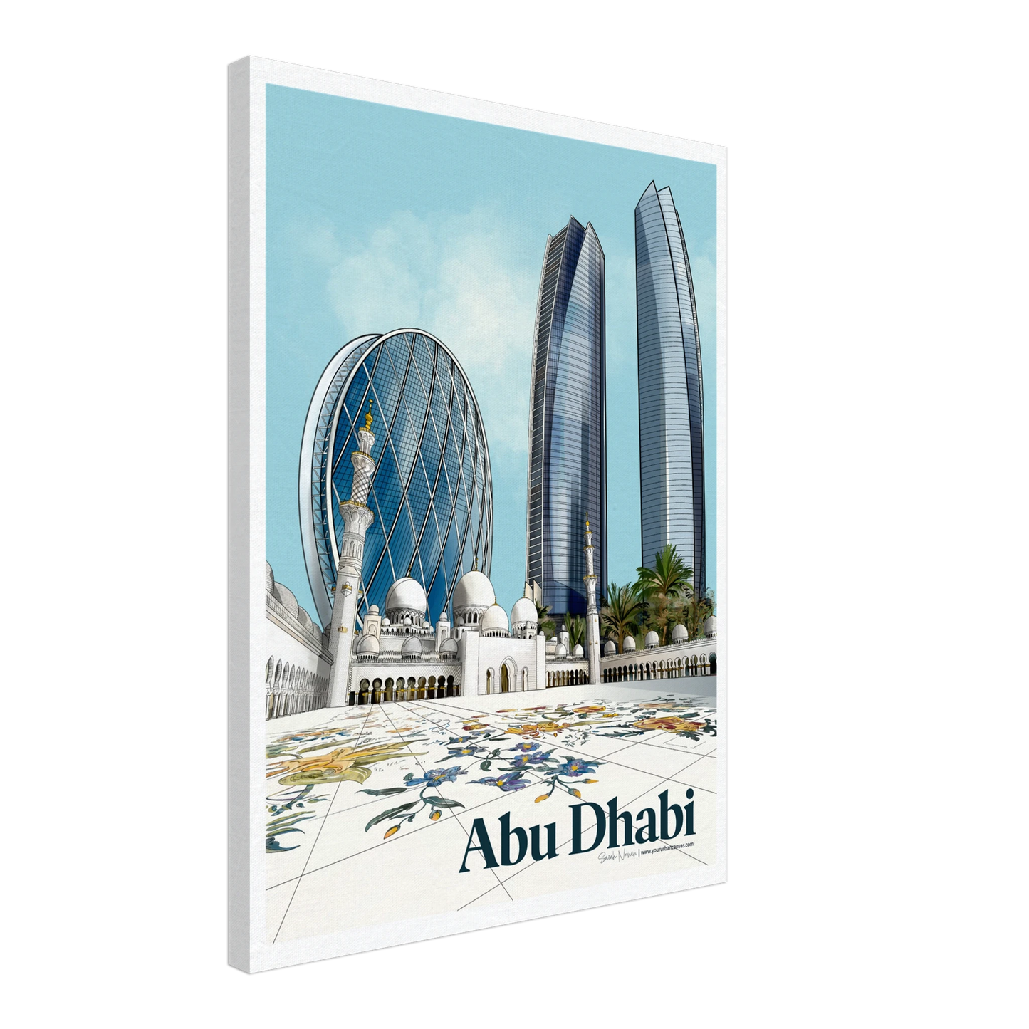 Abu Dhabi - Elegant Bold Typography city print on canvas Sheikh Zayed Grand Mosque, cityscape art