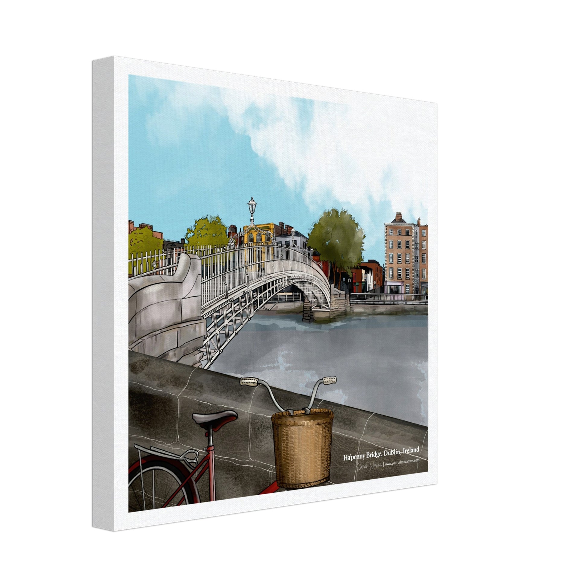 Square canvas art, 30x30cm, featuring Ha'penny Bridge Dublin. Premium cityscape canvas showcasing this historic Irish landmark. A bold addition to any Dublin-themed decor.