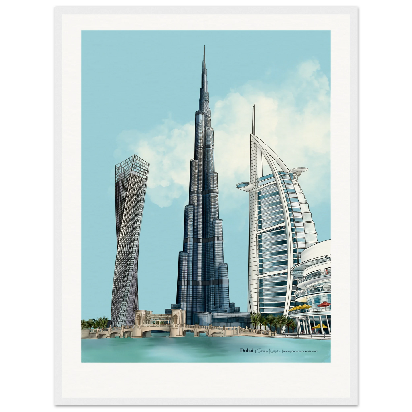 Personalised Dubai subtle typography city print, 45x60cm with white frame - a light, airy composition featuring the Burj Khalifa, Burj Al Arab, and Cayan Tower, personalised to suit modern interiors and meaningful gifting.