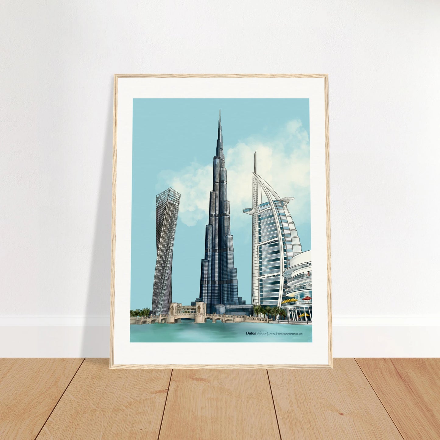 Dubai - Subtle Typography city print,  60x80cm with natural wood frame - featuring Burj Khalifa, Burj Al Arab, Cayan Tower, and Dubai Mall. Warm framing complements the subtle elegance of Dubai's skyline.