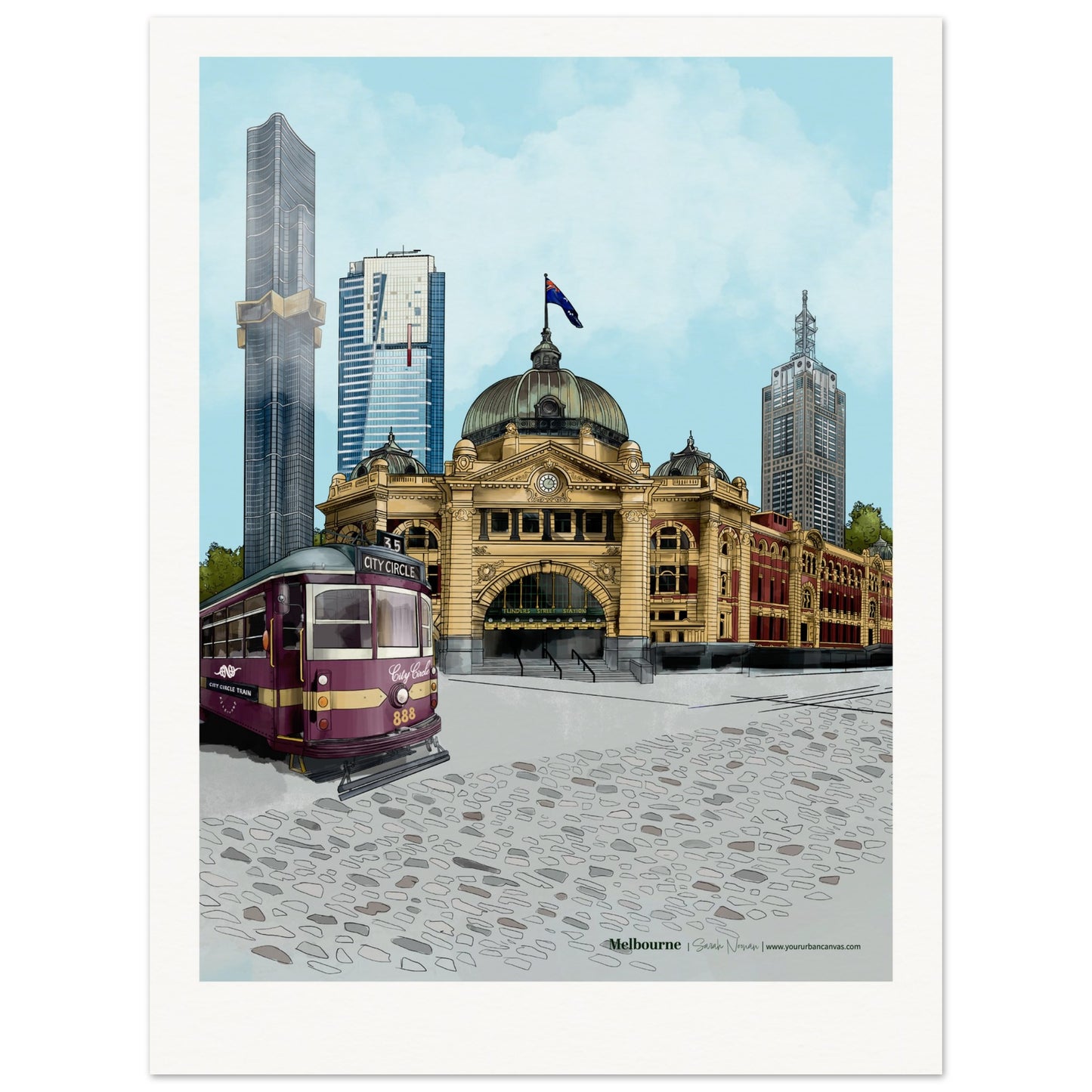 Melbourne - Personalised Subtle Title print, featuring iconic Flinders Street Station, with Australia 108, Eureka Tower in the background and the city circle tram in the foreground, customised with your chosen text.