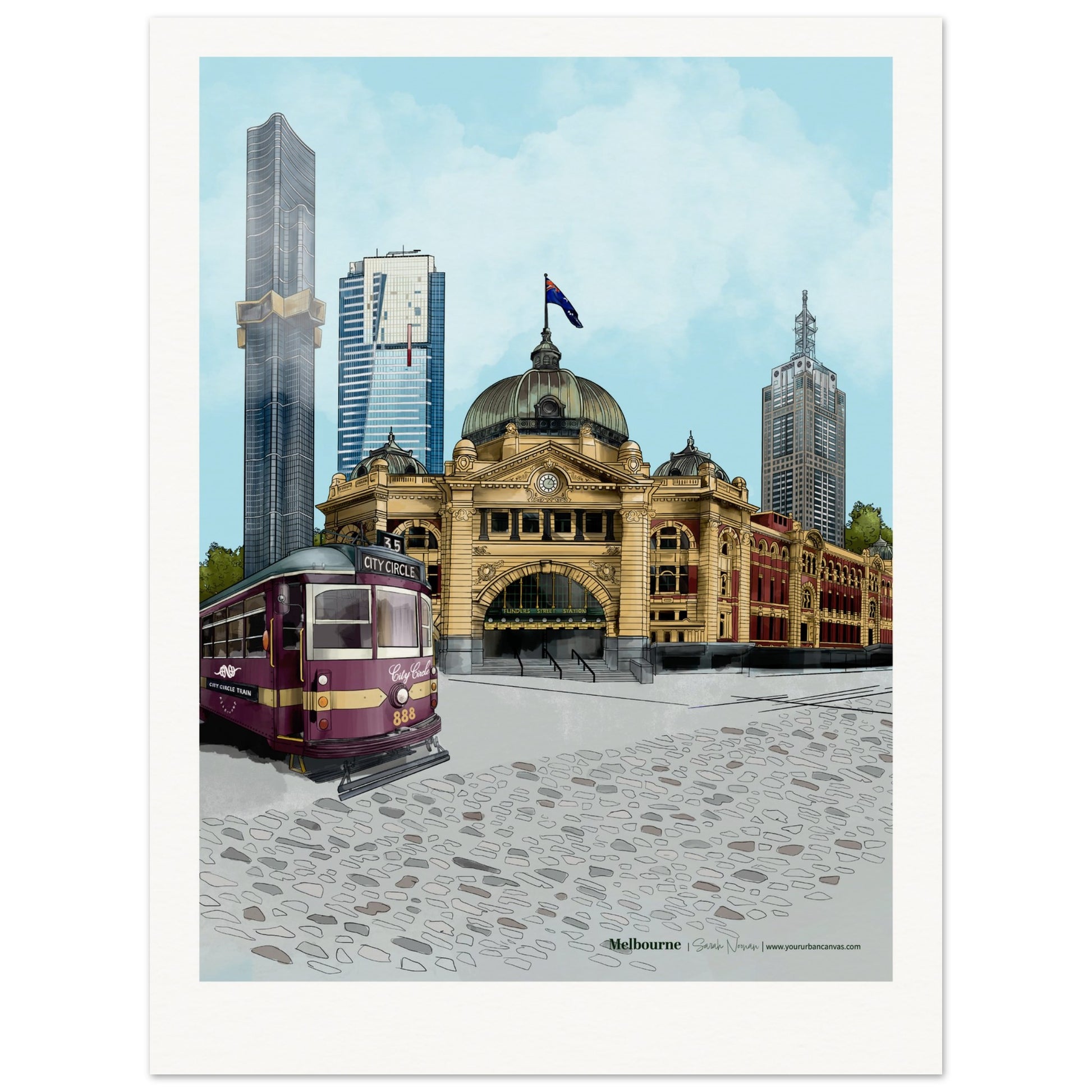Melbourne - Personalised Subtle Title print, featuring iconic Flinders Street Station, with Australia 108, Eureka Tower in the background and the city circle tram in the foreground, customised with your chosen text.