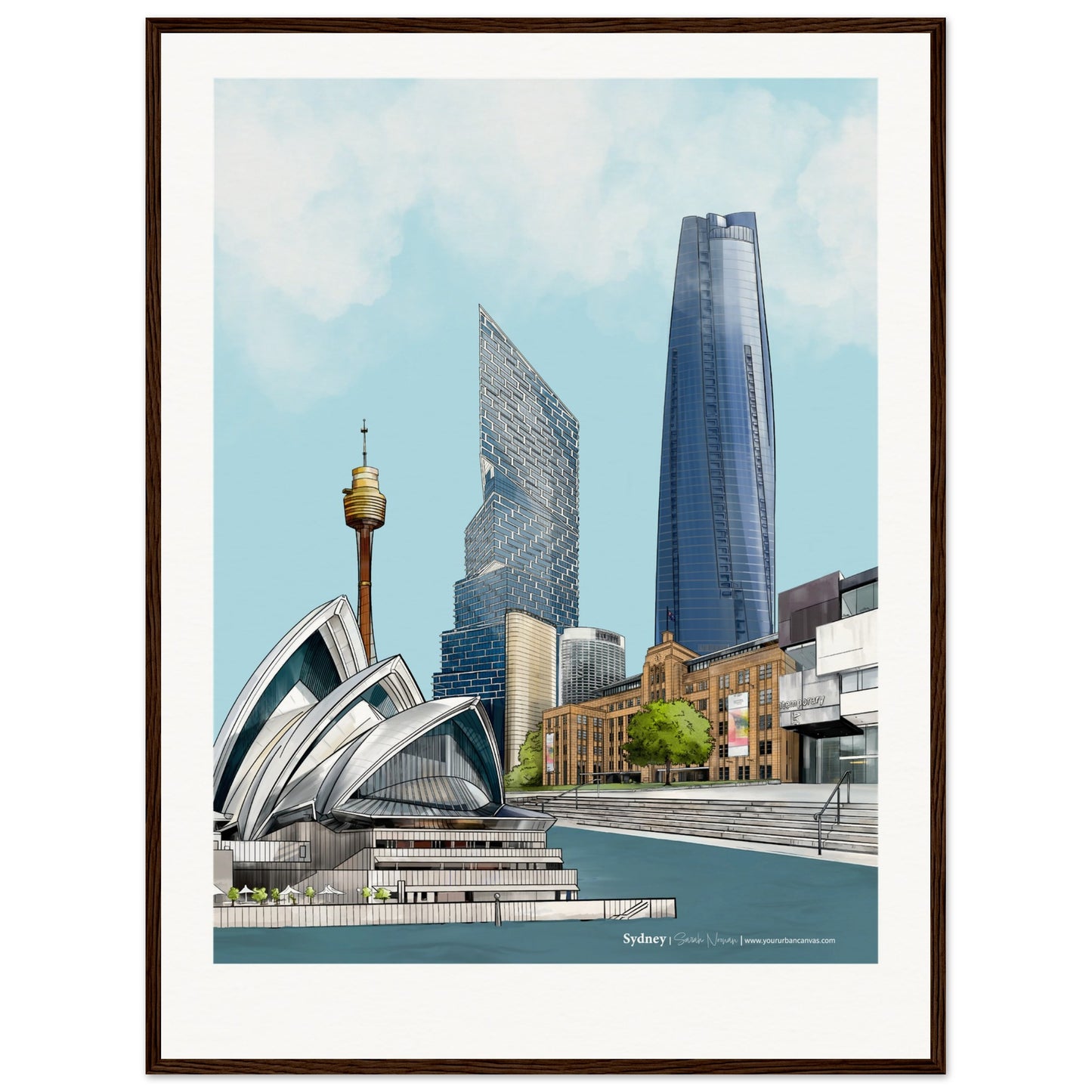 Sydney - Personalised Subtle Title print, size 60x80cm, framed in dark wood, bringing out the striking contrasts of Sydney's cityscape, made personal for you.