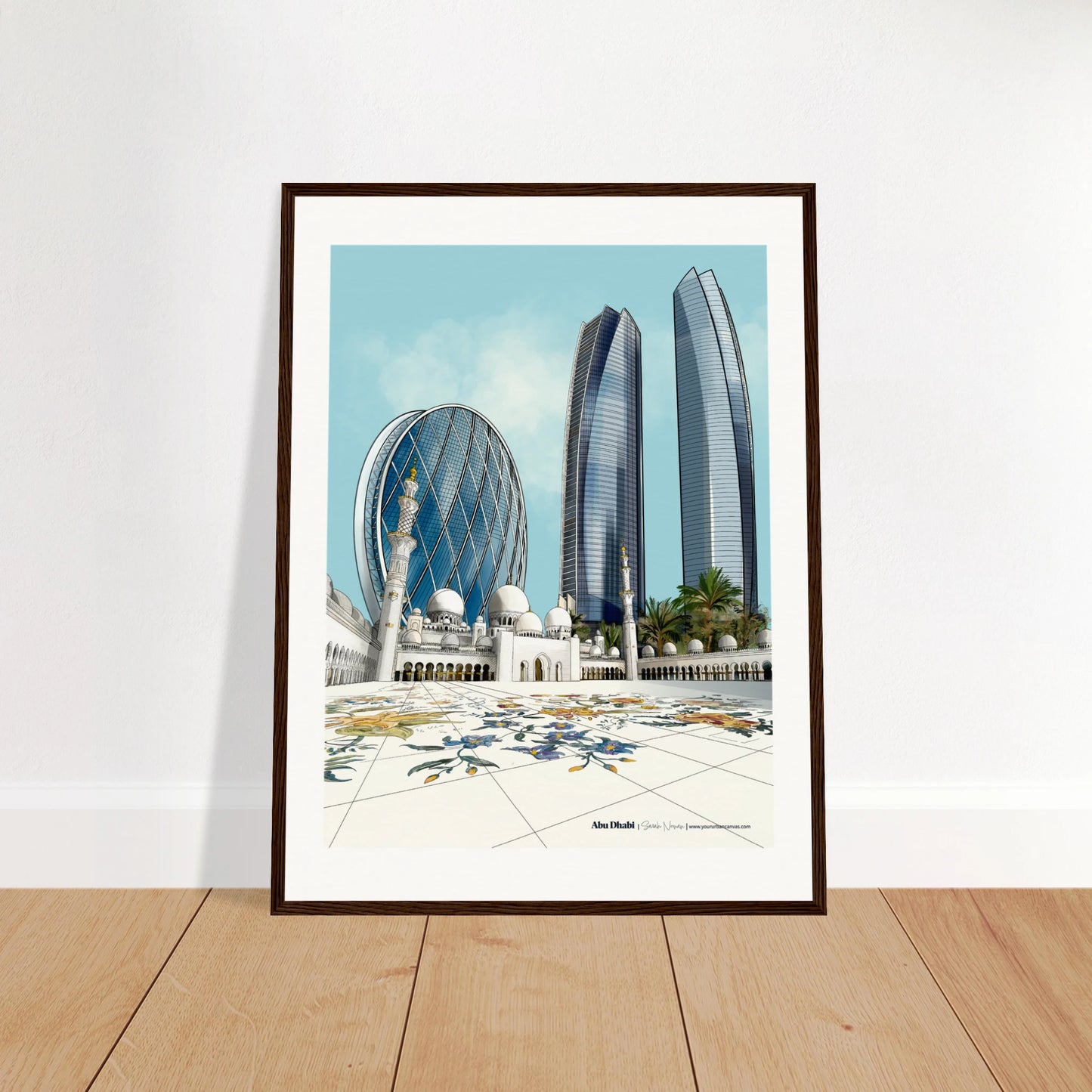 Abu Dhabi - Elegant Subtle Typography city print, 45x60cm  with dark wood frame  - Discover Abu Dhabi through subtle yet striking city prints, capturing the elegance of Sheikh Zayed Mosque, the futuristic curves of Aldar HQ, and the towering presence of the Etihad Towers.