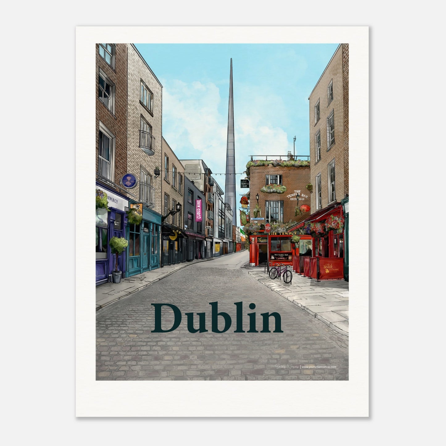 Dublin - Personalised Bold Typography 30x40cm print,  featuring the vibrant Temple Bar district with its historic charm, customised with your chosen name or message.