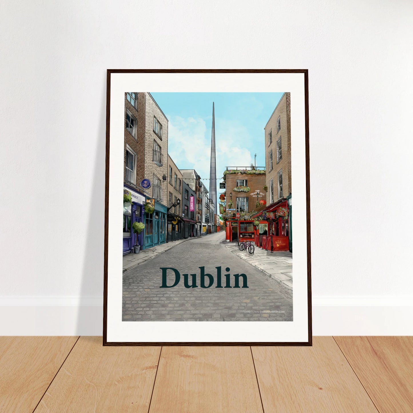 Dublin - Bold Typography print, size 60x80cm, framed in dark wood, showcasing Temple Bar's cobbled streets, historic buildings, The Temple Bar Inn, and The Spire towering in the distance.