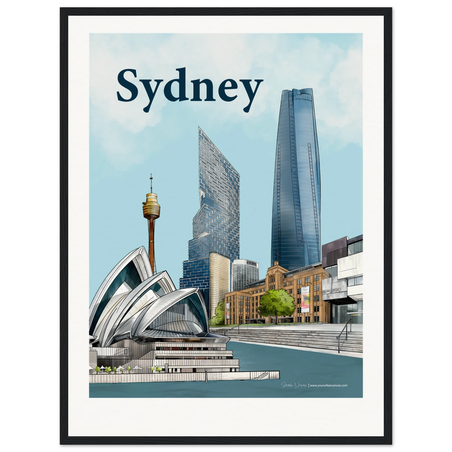 Personalise Your Bold Typography Sydney print, size 45x60cm, framed in black wood, highlighting the stunning Sydney skyline with the Opera House, MCA, and Harbour.