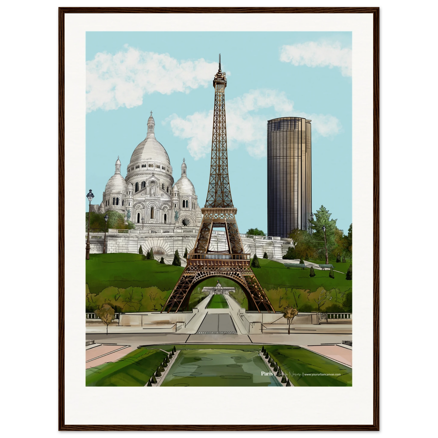 Paris - Add a message to your Subtle Titled city print,  60x80cm with dark wood frame - featuring the Eiffel Tower, Sacre-Coeur, and Tour Montparnasse in muted, sophisticated tones. A refined wall art piece that blends iconic landmarks with understated elegance.