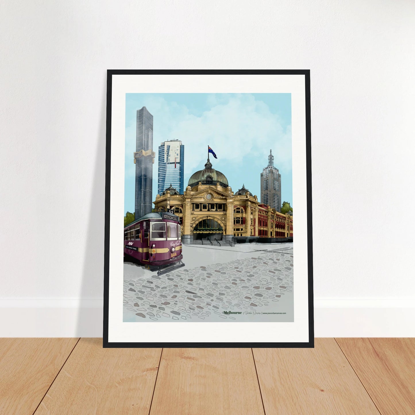 Melbourne - Subtle Title print, size 45x60cm, framed in black, focusing on the towering Australia 108, Flinders Street Station, and the City Circle Tram.