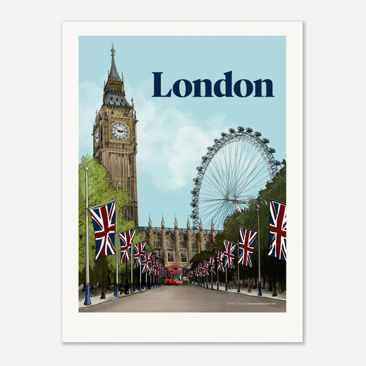 London - Personalised Bold Typography 30x40cm print,  featuring Big Ben, The Mall, and the London Eye, customised with your chosen name or message to make a wonderful gift or momento. 