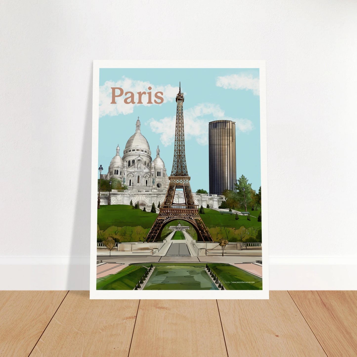 Paris - Bold Typography city print,60x80cm, showcasing the Eiffel Tower sparkling against a golden skyline, the artistic charm of  Sacre-Coeur, and the elegant height of Tour Montparnasse. Each piece brings the magic, history, and modern vibrance of Paris directly into your home or office