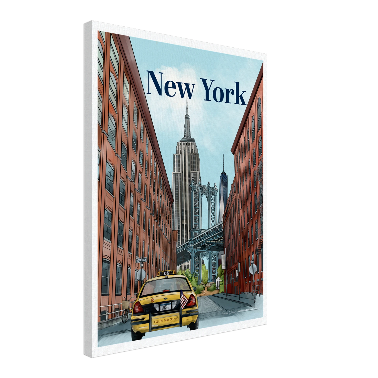 New York - Bold Typography on canvas, size 45x60cm, featuring NYC's famous Manhattan Bridge view from Dumbo, its skyline, a yellow cab, and urban street signs.