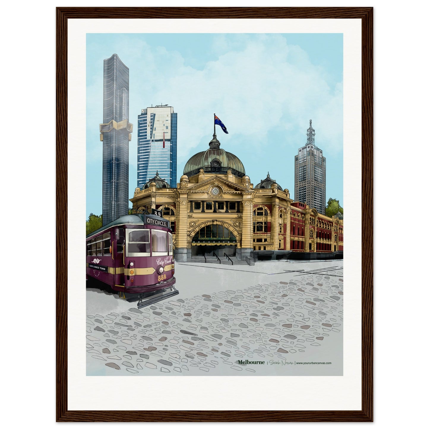Melbourne - Personalised Subtle Title print, size 30x40cm, framed in dark wood, offering a refined view of Melbourne's urban charm, made uniquely personal.