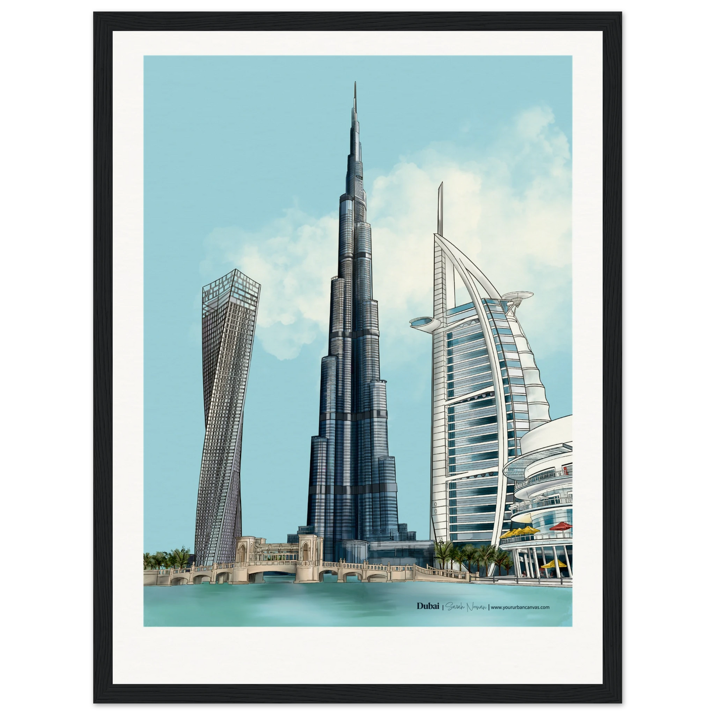 Personalised Dubai subtle typography city print, 30x40cm with black frame - understated skyline artwork highlighting Dubai' iconic landmarks, finished with bespoke typography for a calm, contemporary display