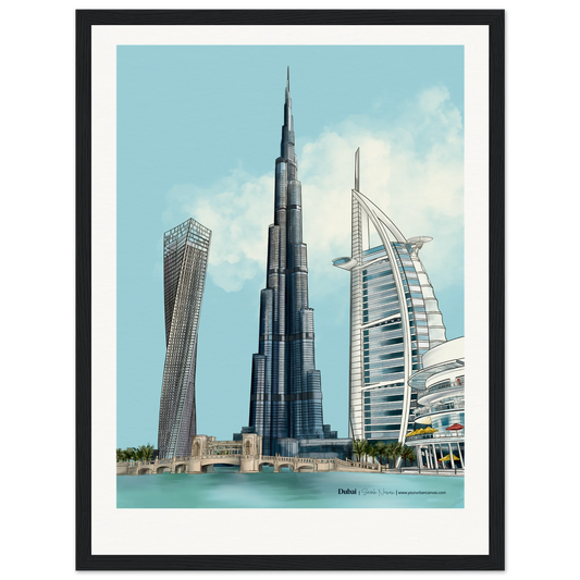 Personalised Dubai subtle typography city print, 30x40cm with black frame - understated skyline artwork highlighting Dubai' iconic landmarks, finished with bespoke typography for a calm, contemporary display