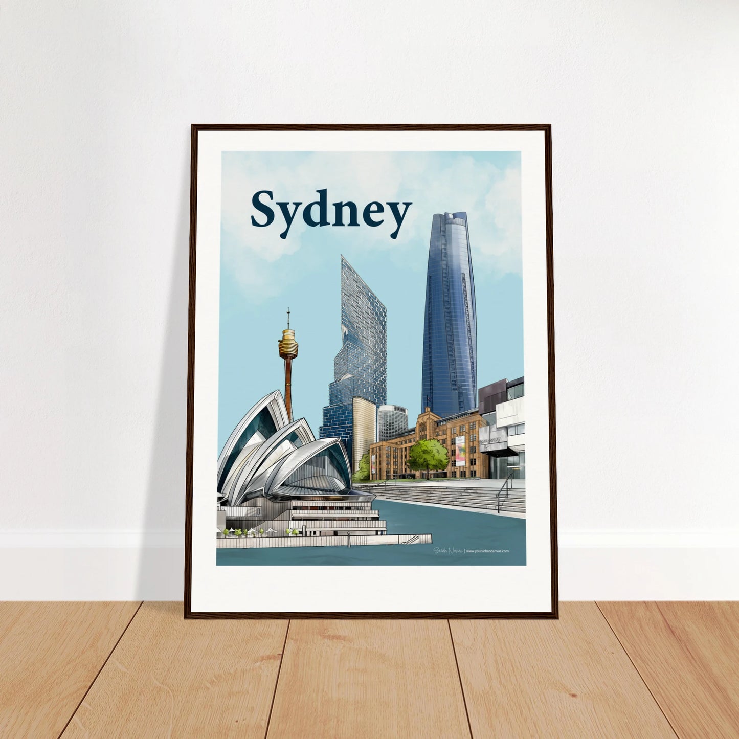 Sydney - Bold Typography print, size 60x80cm, framed in dark wood, featuring Sydney's iconic Harbour with the Opera House, MCA, and modern architecture.