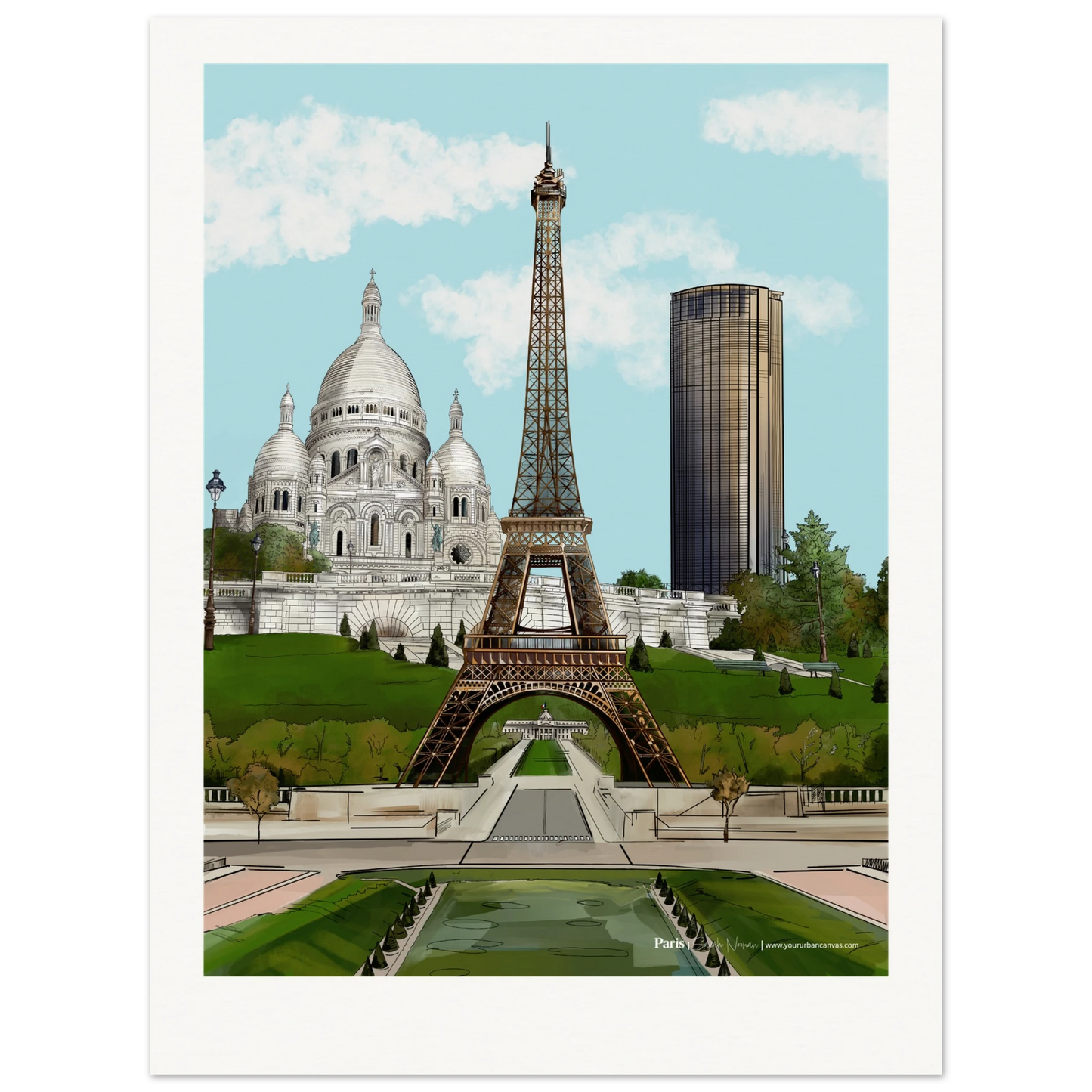 Paris - Add a message to your Subtle Typography city print, capturing the gentle elegance of the Eiffel Tower, the quiet beauty of Sacre-Coeur, and the understated modernity of Tour Montparnasse. Soft tones and delicate details bring a serene Parisian charm into your home.