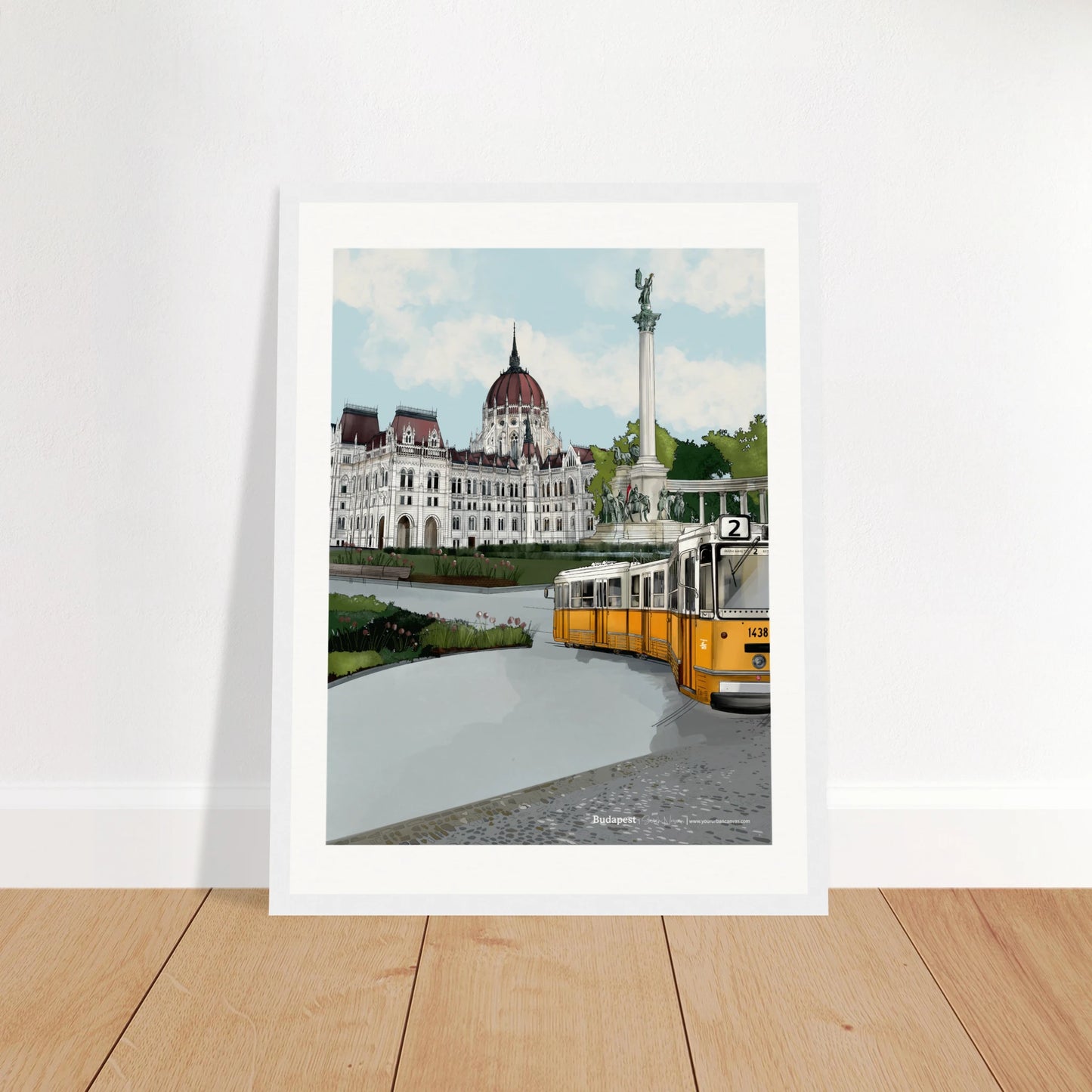 Budapest - Subtle Title print, size 30x40cm, framed in white, featuring the Hungarian Parliament, Heroes' Square, and the iconic yellow tram on Budapest's historic cobblestone streets.