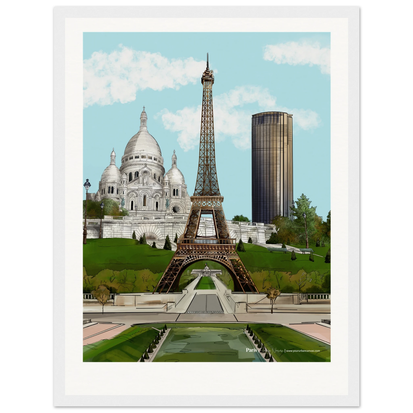 Paris - Customise your Subtle Typography city print, 30x40cm with white frame - highlighting the Eiffel Tower, Sacre-Coeur, and Tour Montparnasse in delicate shades, perfect for softening your walls with a Parisian glow.