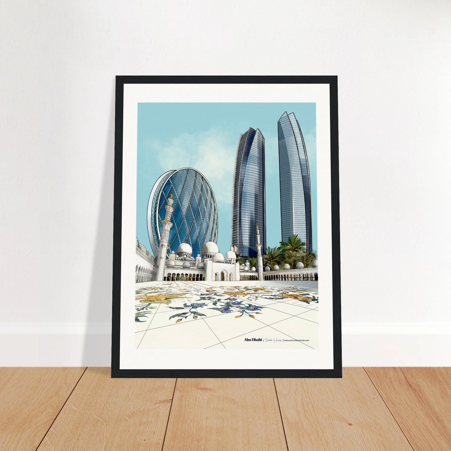 Abu Dhabi - Elegant Subtle Titled city print, 30x40cm with black frame - Sheikh Zayed Mosque, Aldar HQ, and Etihad Towers - skyline wall art by Your Urban Canvas