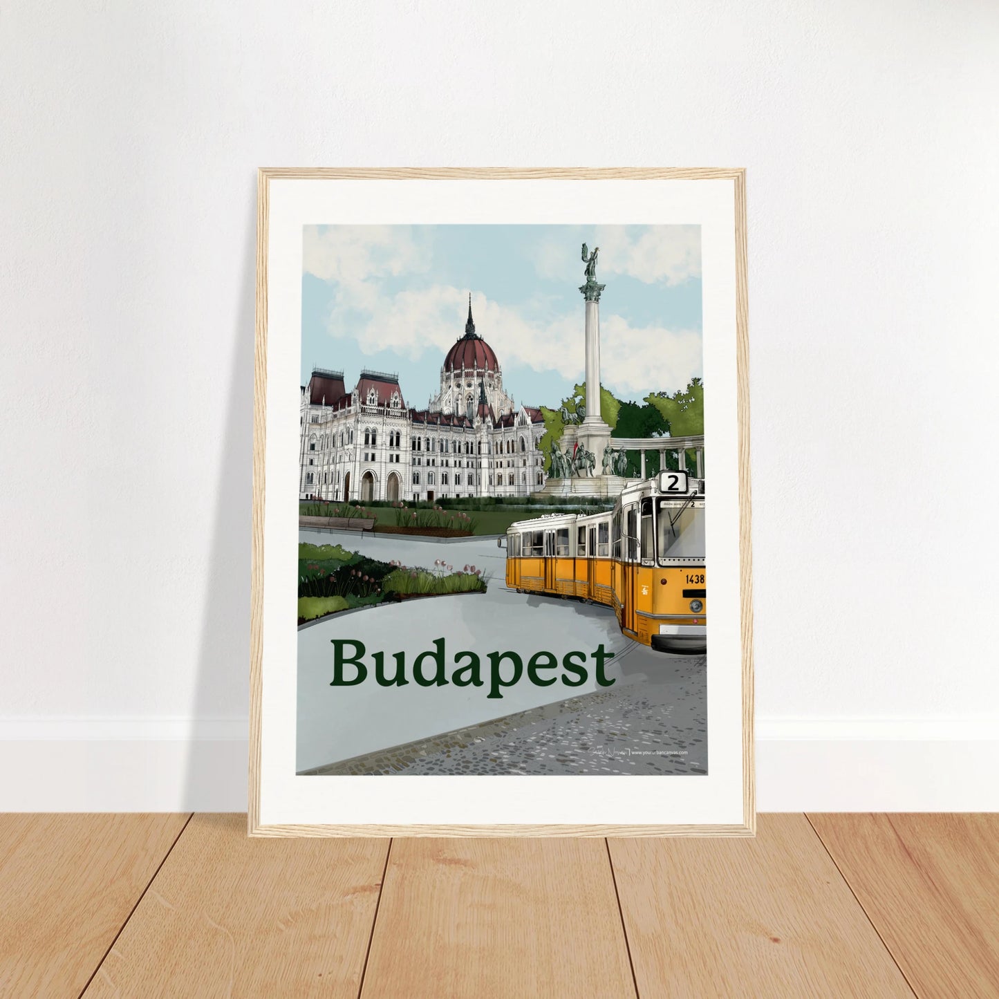Budapest - Bold Typography print, size 45x60cm, framed in natural wood, blending typography with architectural beauty, including Heroes' Square and the city's cobblestone roads.