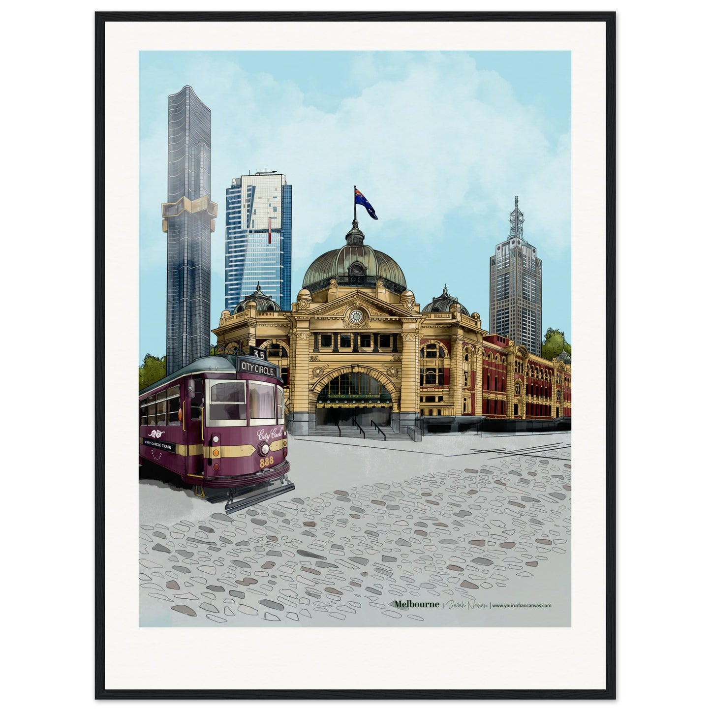 Melbourne - Personalised Subtle Title print, size 60x80cm, framed in black, adding depth and character to Melbourne's skyline, customised to your liking.