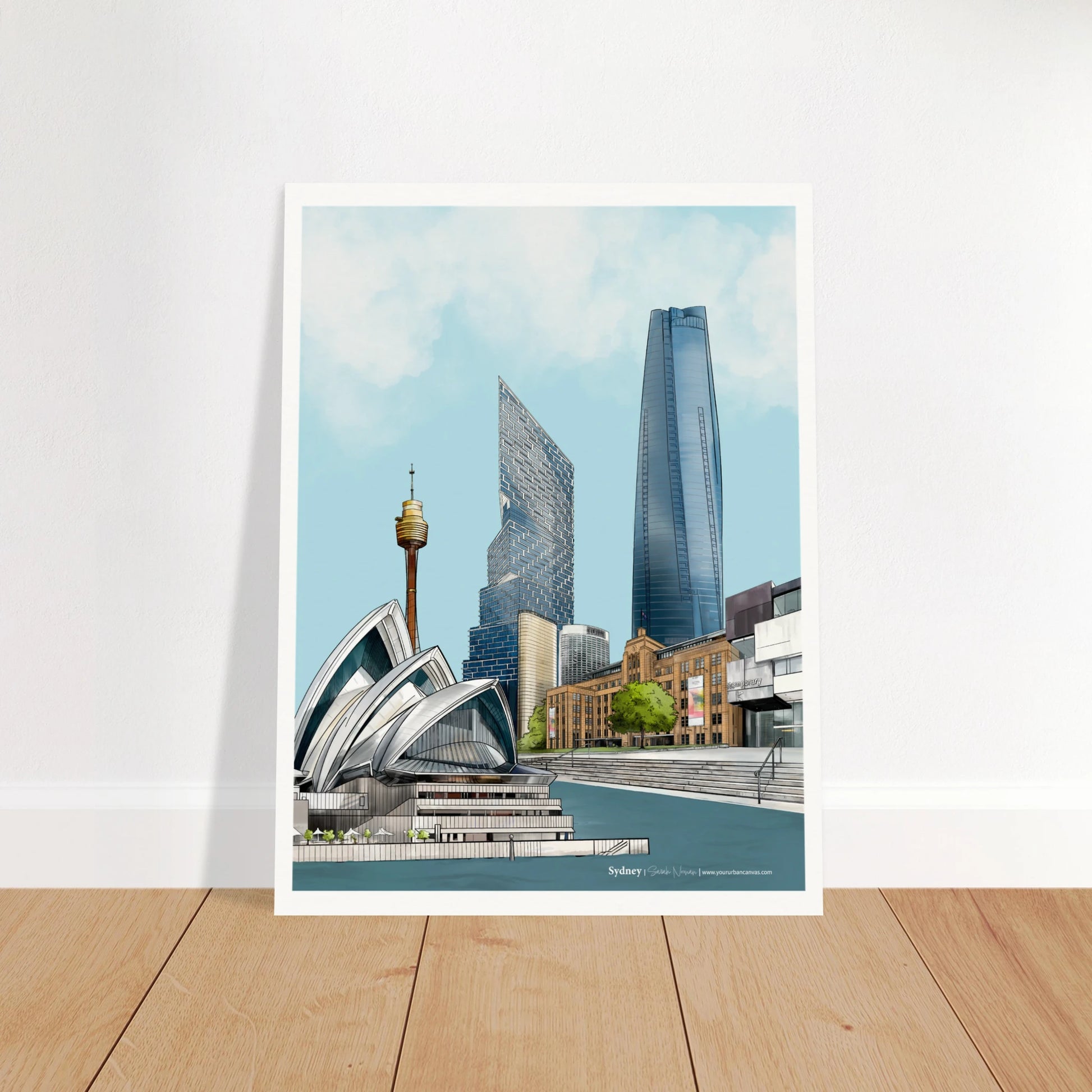 Sydney - Subtle Title print showcasing the Sydney Opera House, MCA, and Harbour with refined detail and an understated composition.