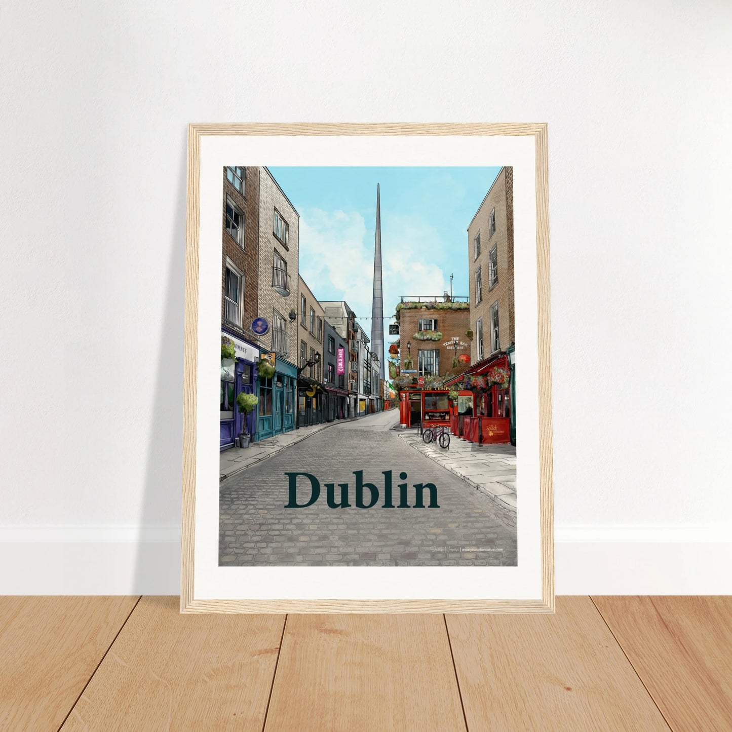Dublin - Bold Typography print, size 30x40cm, framed in natural wood, capturing the vibrant atmosphere of Temple Bar, its period buildings, The Temple Bar Inn, and the distant Spire.
