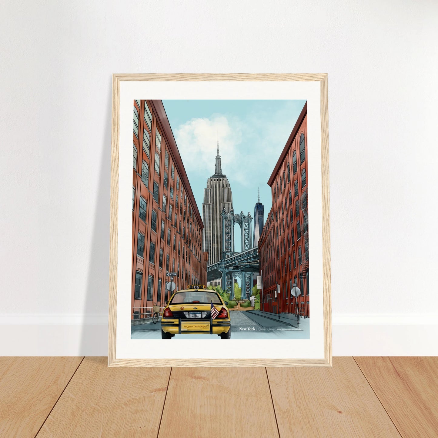 New York - Subtle Title print, size 30x40cm, framed in wood, focusing on the architectural beauty of the Empire State Building, One World Trade Center, and Dumbo Bridge.