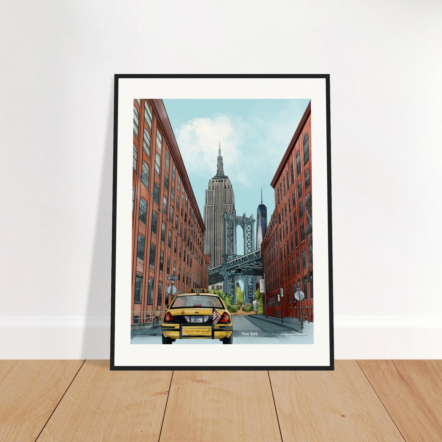 New York - Subtle Title print, size 60x80cm, framed in black, emphasizing the intricate details of New York's vibrant urban scene