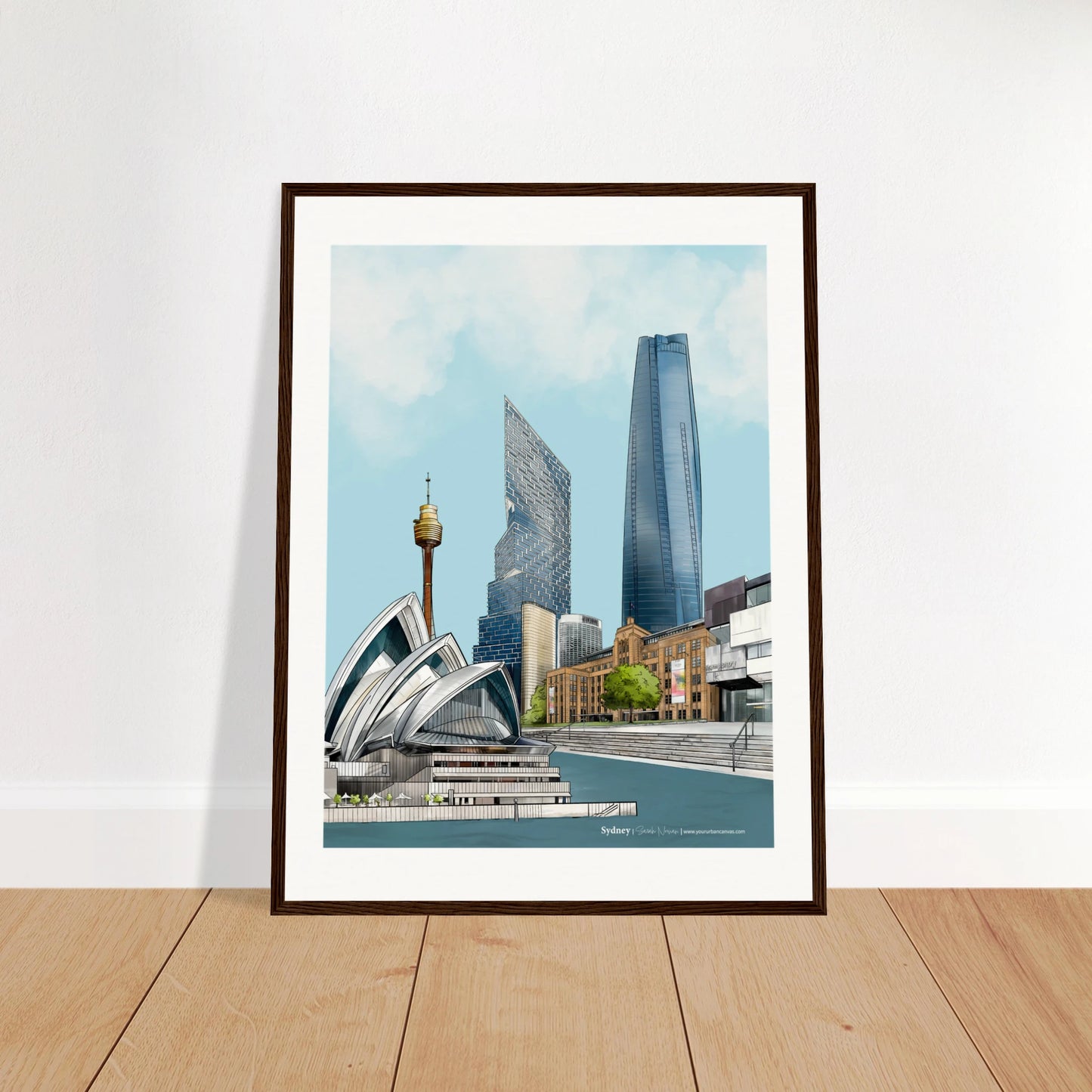 Sydney - Subtle Title print, size 60x80cm, framed in dark wood, offering a sophisticated perspective of Sydney's iconic waterfront and skyline.