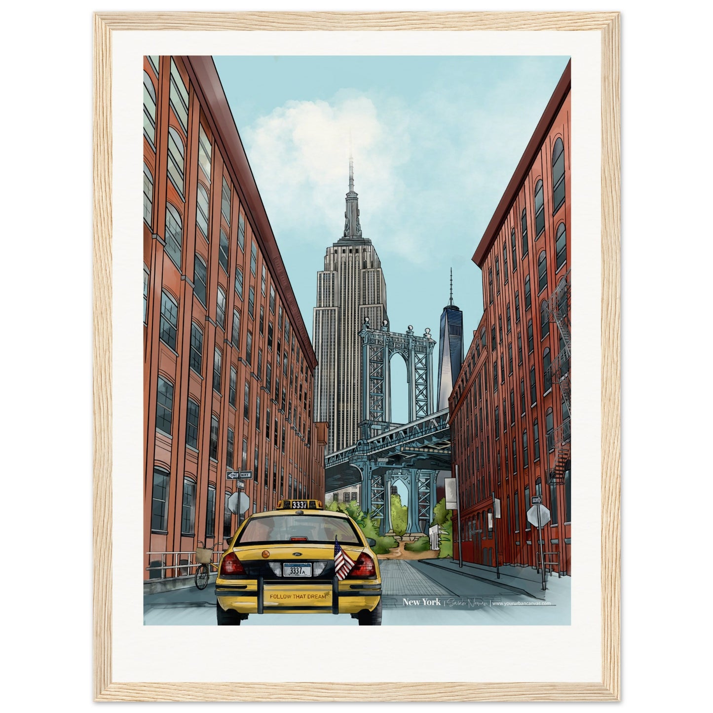 New York - Personalised Subtle Title print, size 30x40cm, framed in natural wood, enhancing the warmth of the urban landscape, tailored with your text.