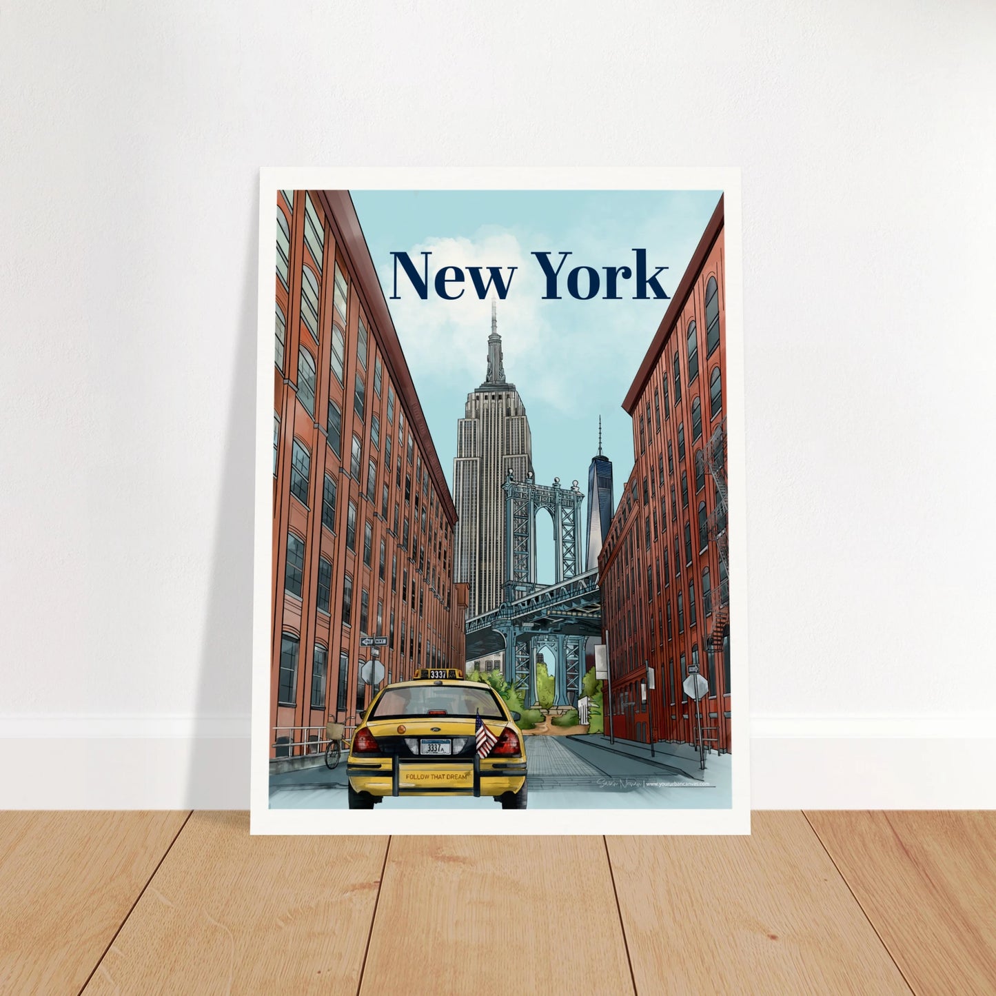 New York - Bold Typography print, size 30x40cm, featuring the Dumbo Manhattan Bridge view from Brooklyn, with the Empire State Building and One World Trade Center in the skyline. A classic yellow cab and vibrant street signage complete the bustling cityscape.