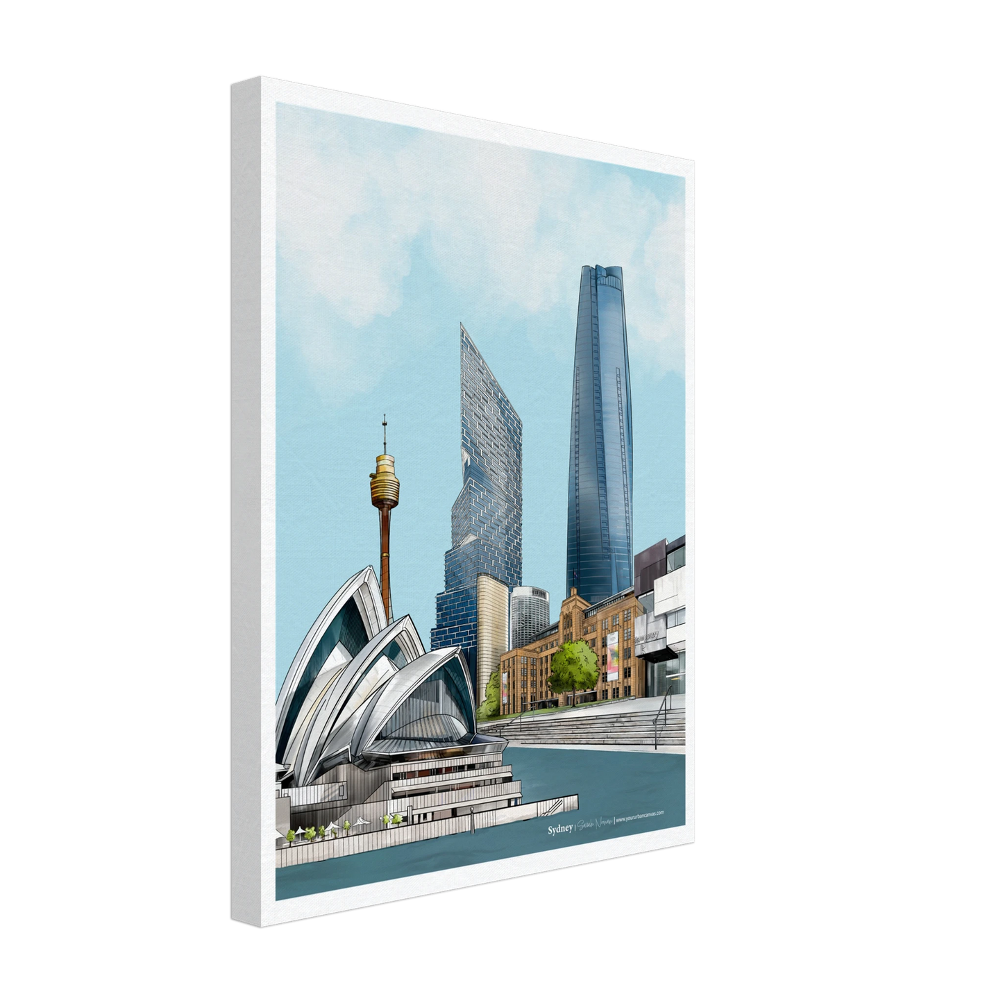 Sydney - Subtle Title print, size 30x40cm, on canvas, portraying the sparkling Sydney Harbour with landmarks like the Opera House, Sydney Tower Eye, and One Barangaroo.