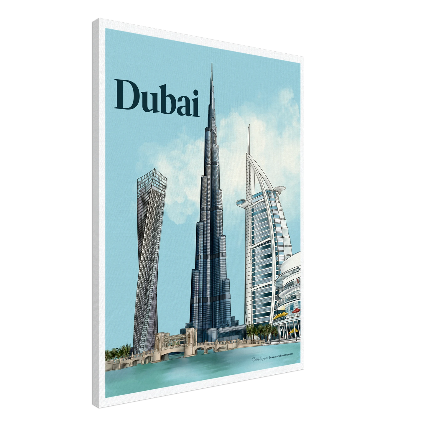Dubai - Bold Typography city canvas, 60x80cm - striking, artistic rendering of Burj Khalifa, Burj Al Arab, Cayan Tower, and Dubai Mall, bringing Dubai's dynamic skyline to life in your space.