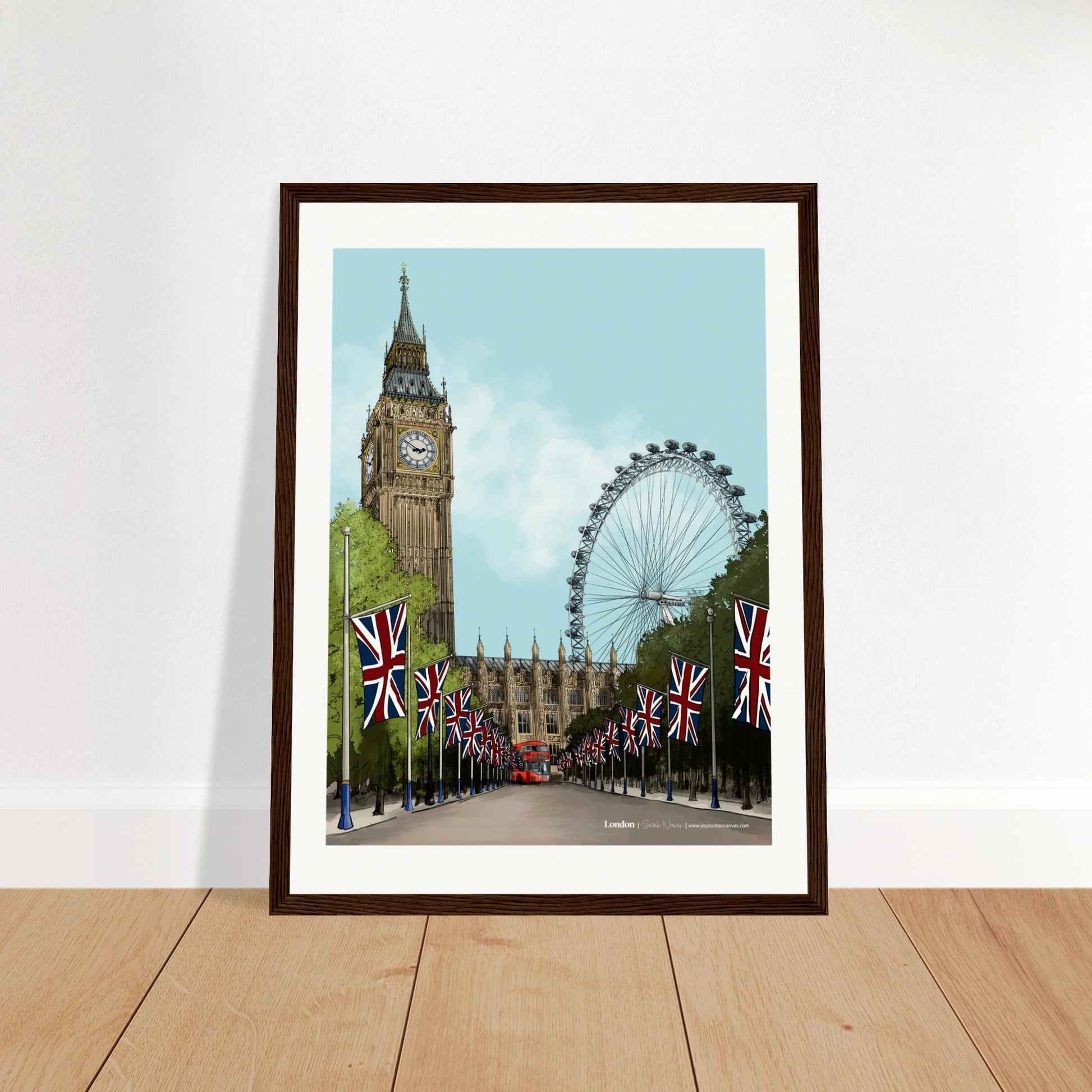 London - Subtle Title print, size 30x40cm, framed in dark wood, capturing a refined and nuanced view of London's historic streets and landmarks.