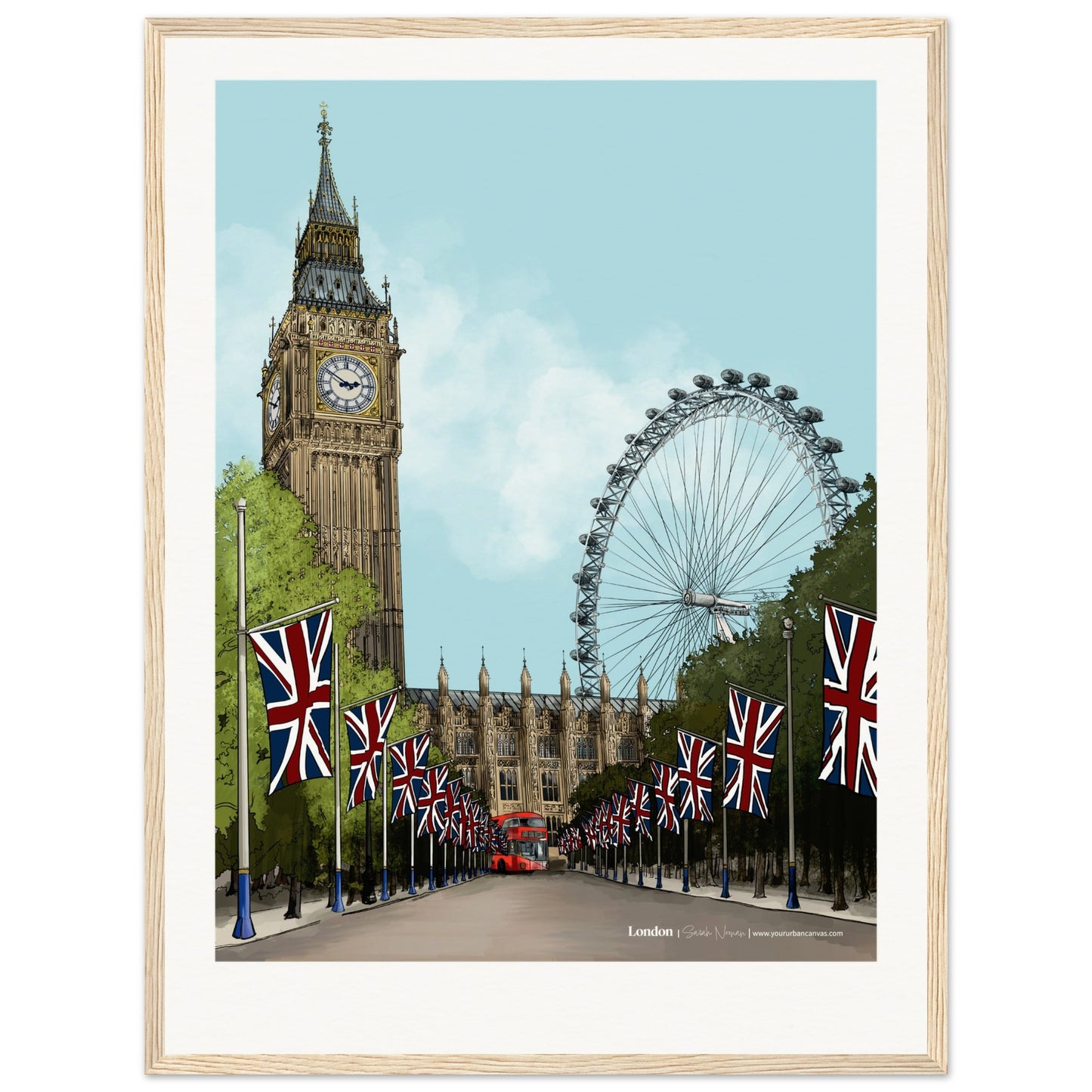 London - Personalised Subtle Title print, size 45x60cm, framed in natural wood, blending the city's historic charm with a bespoke personal message.