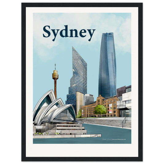 Sydney - Bold Typography print, size 30x40cm, framed in black wood, highlighting the Sydney skyline with the Opera House, MCA, Sydney Harbour, and famous skyscrapers like One Barangaroo and Quay Quarter Tower.