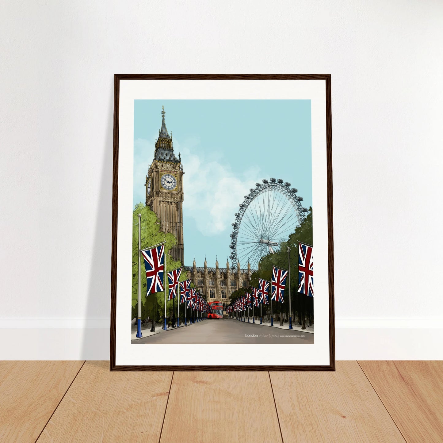 London - Subtle Title print, size 45x60cm, framed in dark wood, capturing a refined and nuanced view of London's historic streets and landmarks.