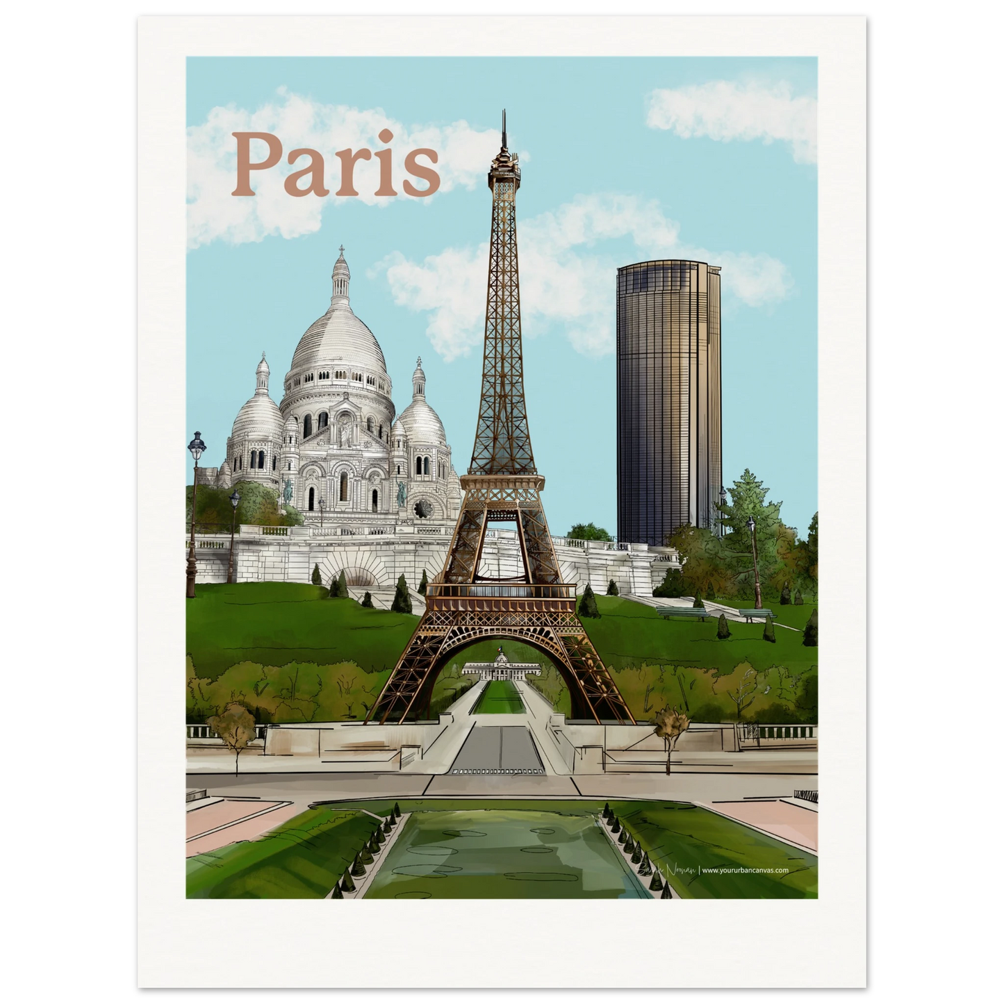 Paris - Personalise your Bold Typography city print, showcasing the Eiffel Tower sparkling against a golden skyline, the artistic charm of Sacre-Coeur, and the elegant height of Tour Montparnasse. Each piece brings the magic, history, and modern vibrance of Paris directly into your home or office