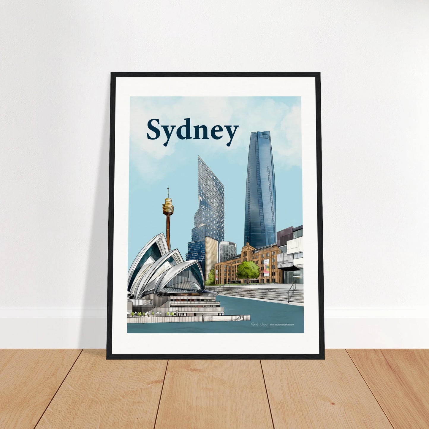 Sydney - Bold Typography print, size 45x60cm, framed in black wood, highlighting the stunning Sydney skyline with the Opera House, MCA, and Harbour.