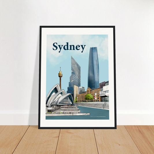 Sydney - Bold Typography print, size 45x60cm, framed in black wood, highlighting the stunning Sydney skyline with the Opera House, MCA, and Harbour.