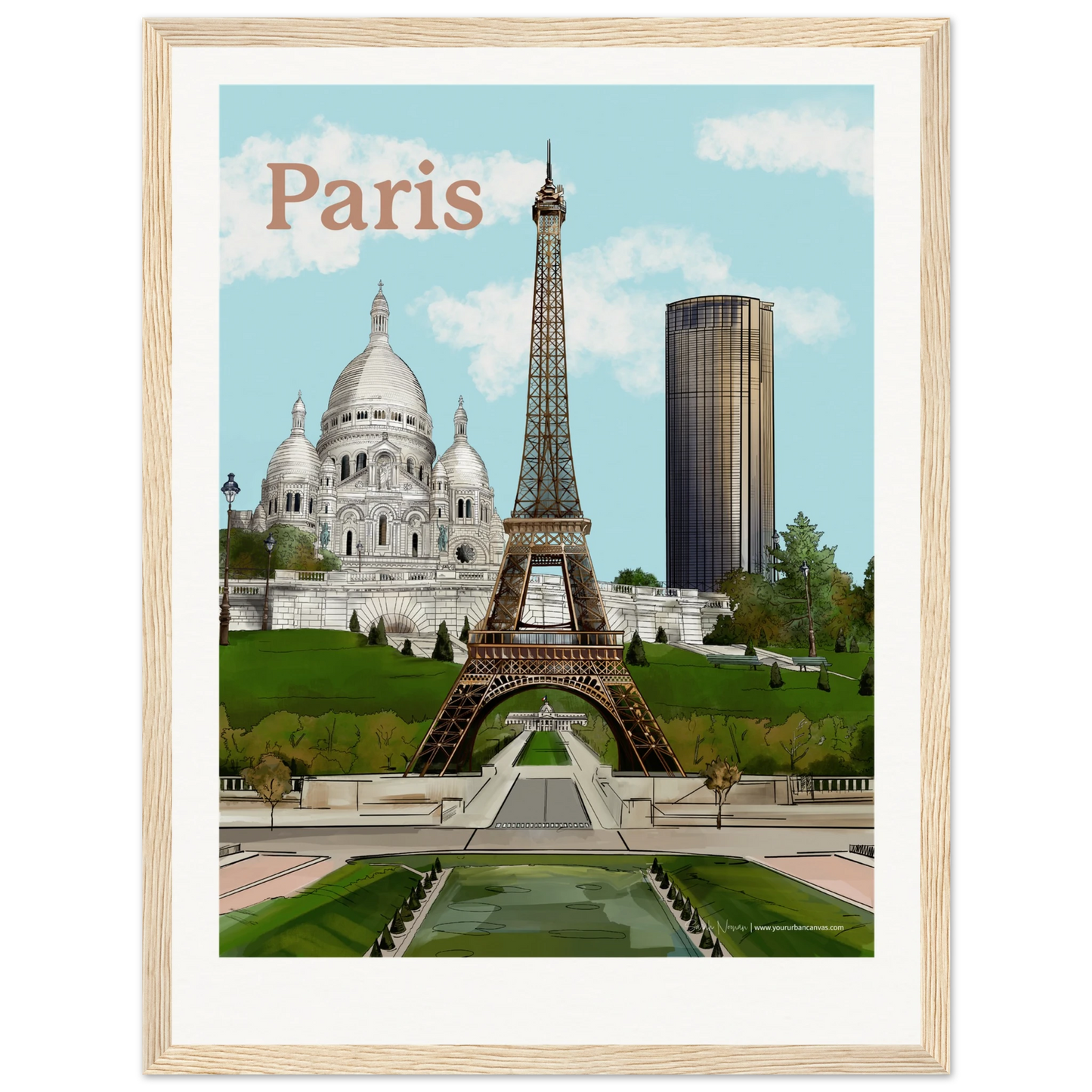 Paris - Personalise your Bold Typography city print, 30x40cm with natural wood frame - featuring the Eiffel Tower, Sacre-Coeur, and Tour Montparnasse. The warm wooden frame complements the vibrant cityscape, bringing Paris into your living space.