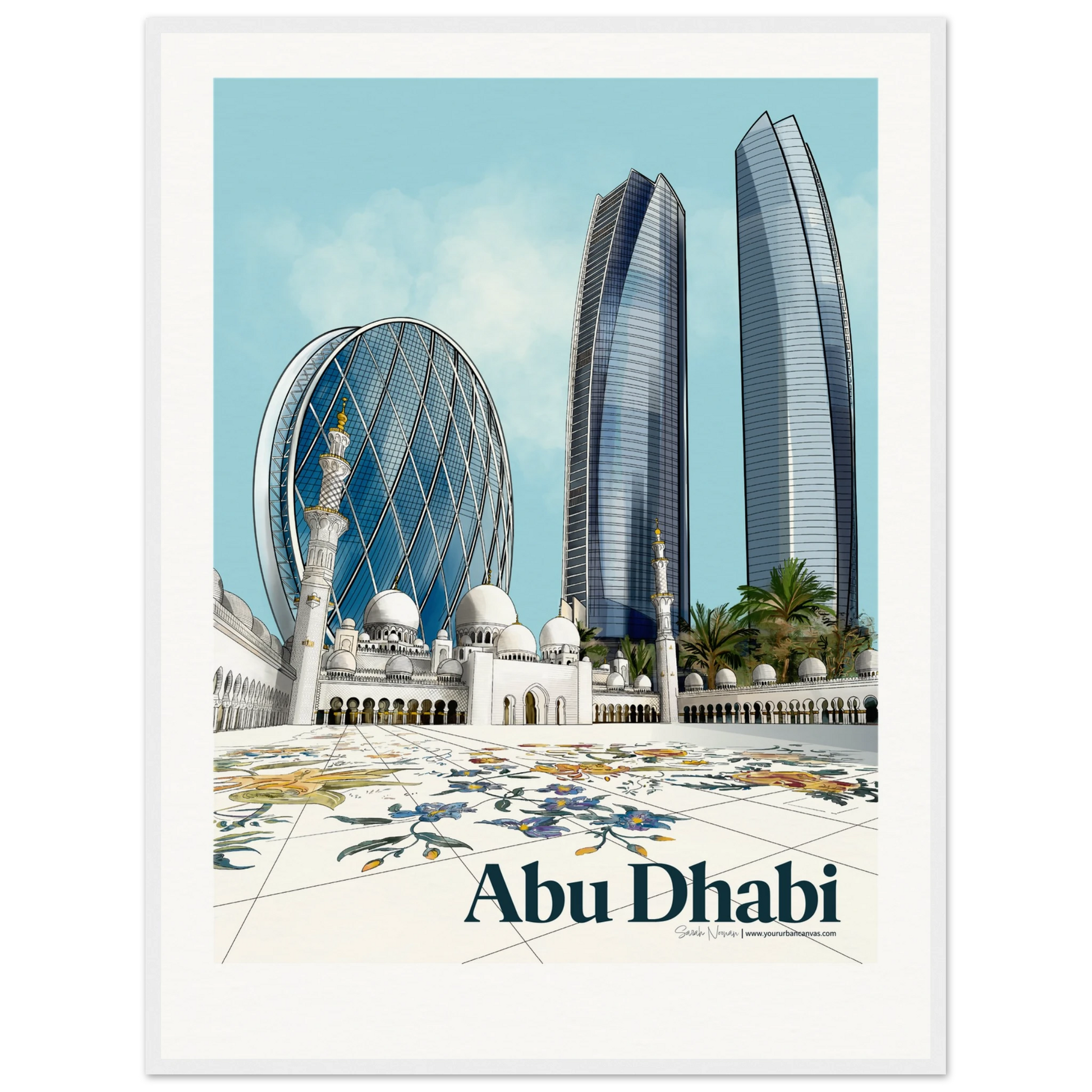 Abu Dhabi - Customise this Elegant Bold Typography city print, 60x80cm  white frame - Sheikh Zayed Grand Mosque, Etihad Towers view and Aldar HQ