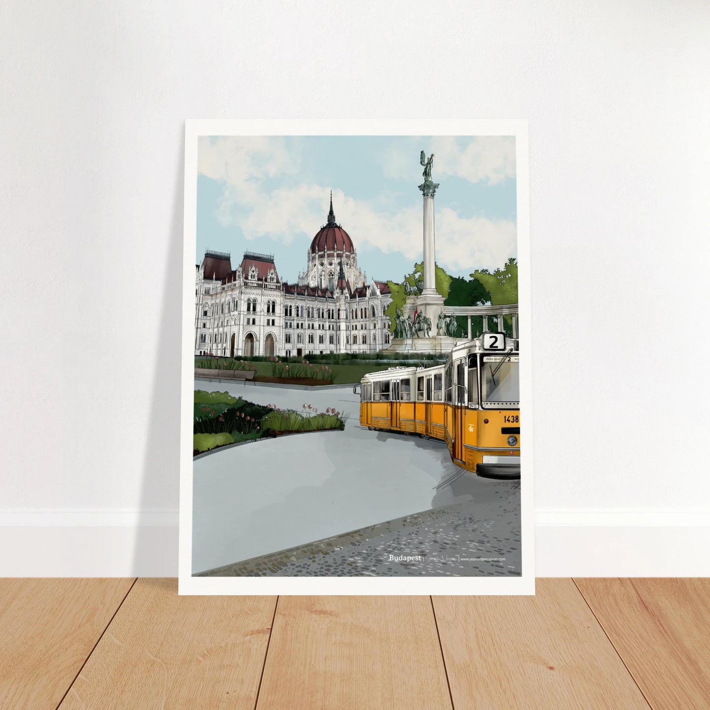 Budapest - Subtle Title print  showcasing Budapest's iconic landmarks such as the Hungarian Parliament Building, Heroes' Square, and the lively yellow tram on cobbled streets, all in a detailed and colourful style