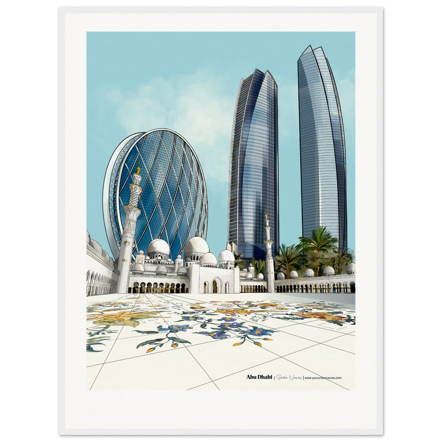 Abu Dhabi - Custom this Vibrant city print with your own message, 60x80cm with white frame - featuring Sheikh Zayed Grand Mosque, Aldar HQ, and Etihad Towers - wall art by Your Urban Canvas