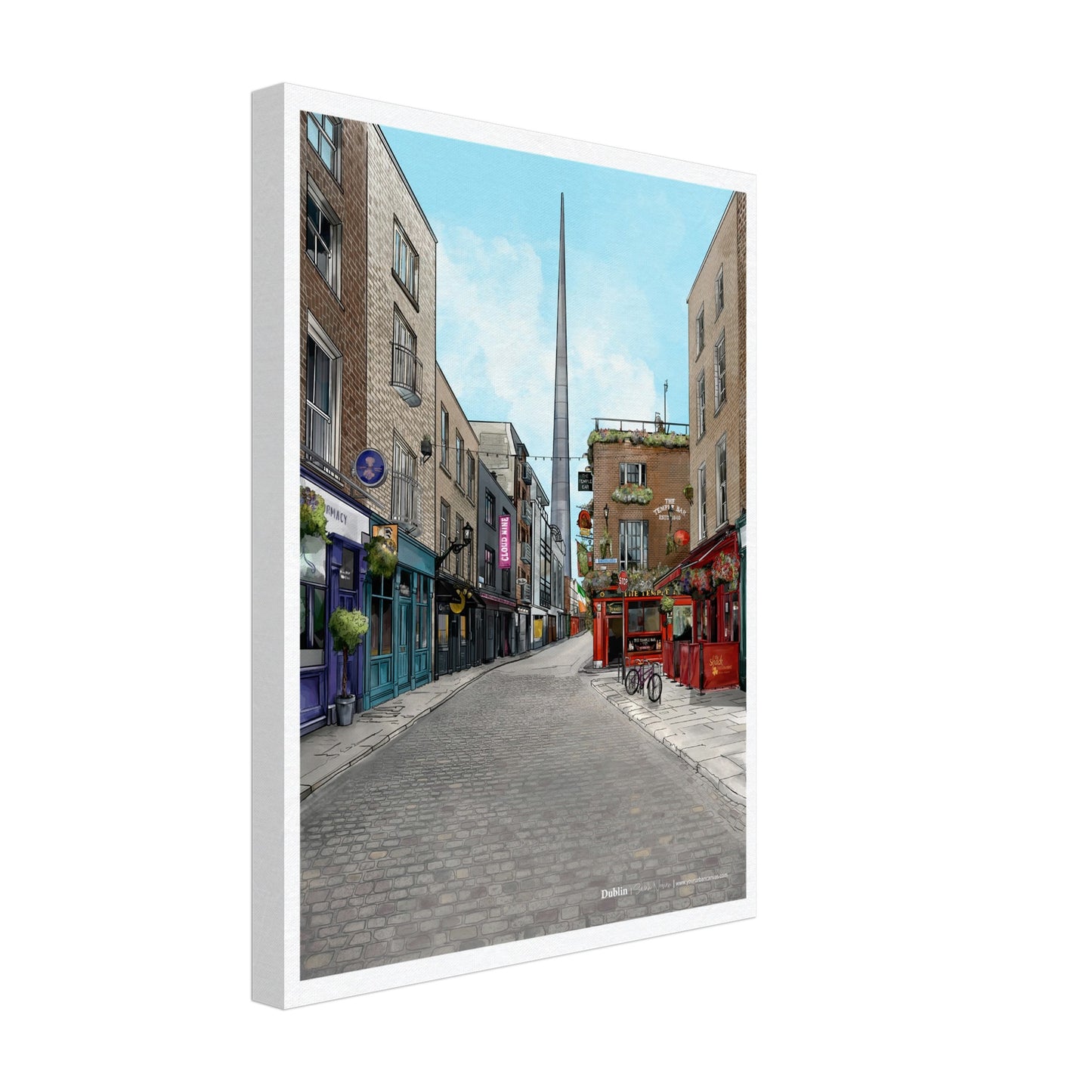 Dublin - Subtle Title print, size 30x40cm, on canvas, featuring the charming cobbled streets of Temple Bar, Temple Bar Inn, and the Spire in Dublin.