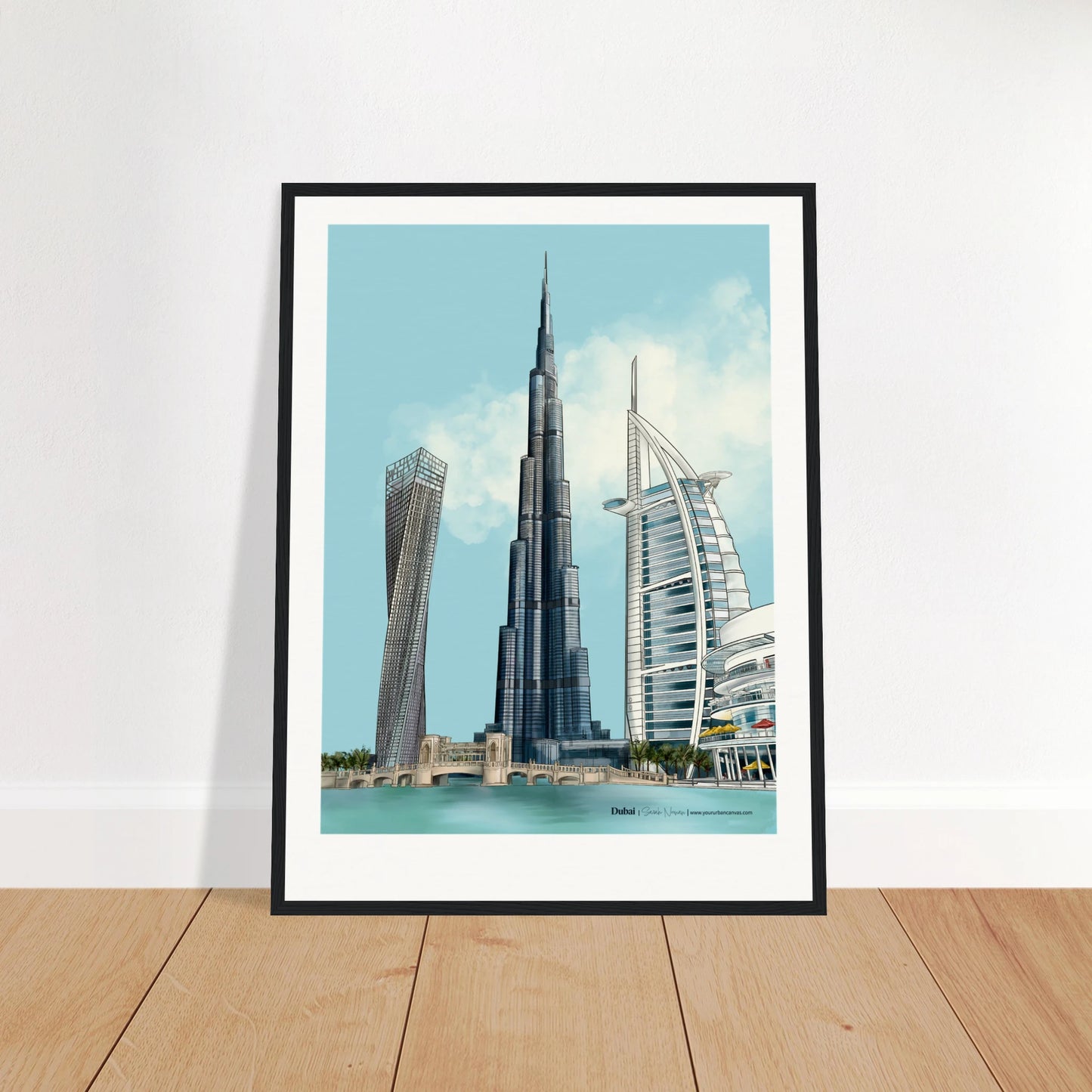 Dubai - Subtle Typography city print, 45x60cm with black frame - showcasing Burj Khalifa, Burj Al Arab, Cayan Tower, and Dubai Mall in understated contrast for a modern cityscape.