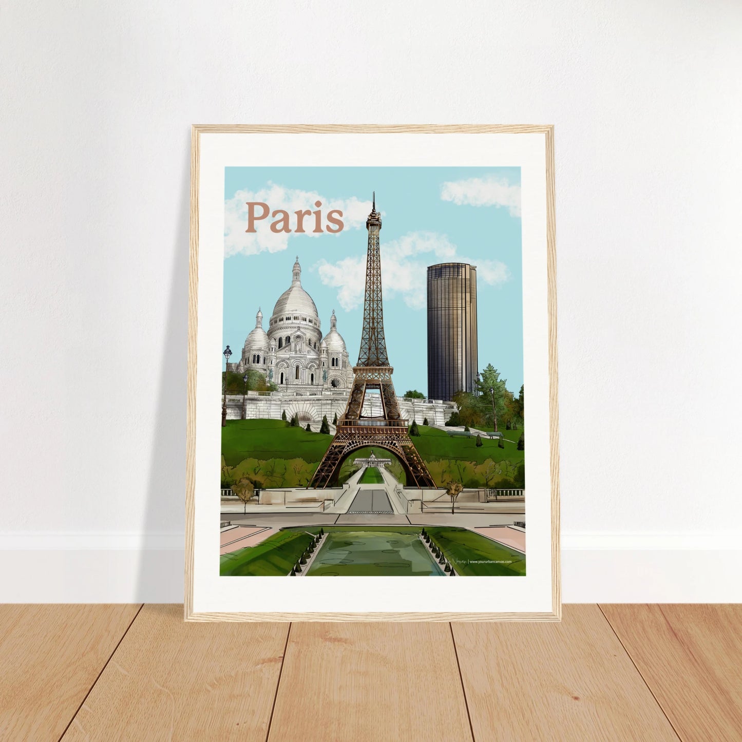 Paris - Bold Typography city print, 45x60cm,  with natural wood frame - featuring the Eiffel Tower,  Sacre-Coeur, and Tour Montparnasse. The warm wooden frame complements the vibrant cityscape, bringing Paris into your living space.