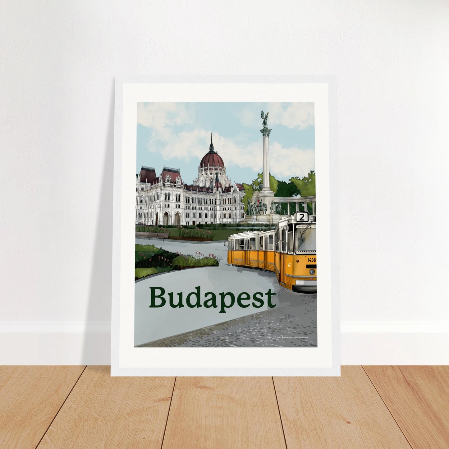 Budapest - Bold Typography print, size 30x40cm, framed in white wood, with bold typography and the magnificent Heroes Square. 